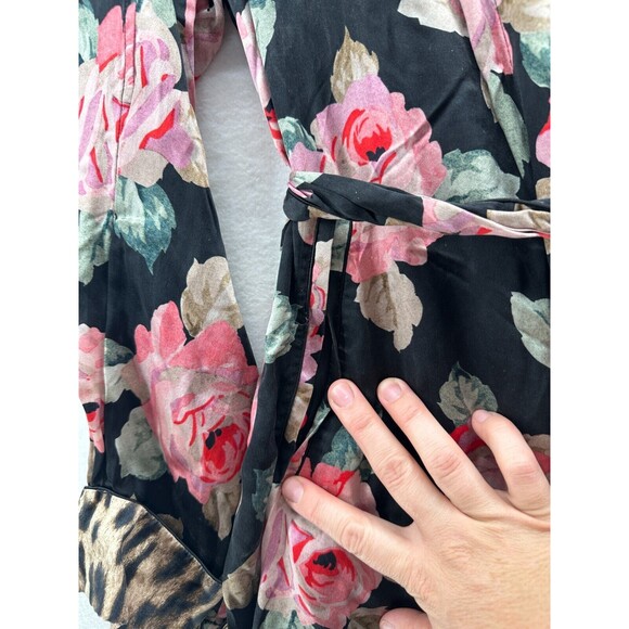 R13 Silk Smoking Robe With Piping Black Floral Leopard Print Size M Tie Belt - Picture 7 of 16